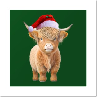 Highland Cow Wearing a Santa Claus Hat Posters and Art